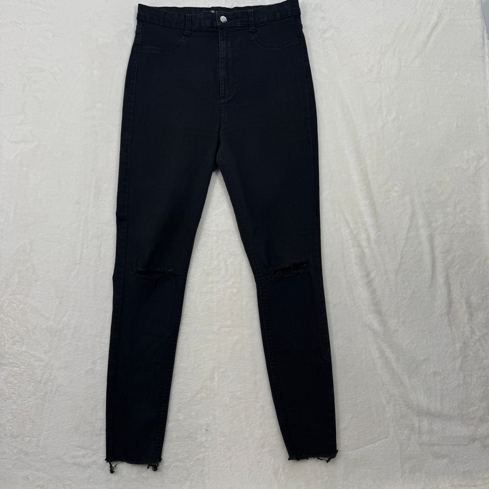 Zara Jeans Womens 12 Black High Rise Skinny Distressed Knee Raw Hem Denim Pants